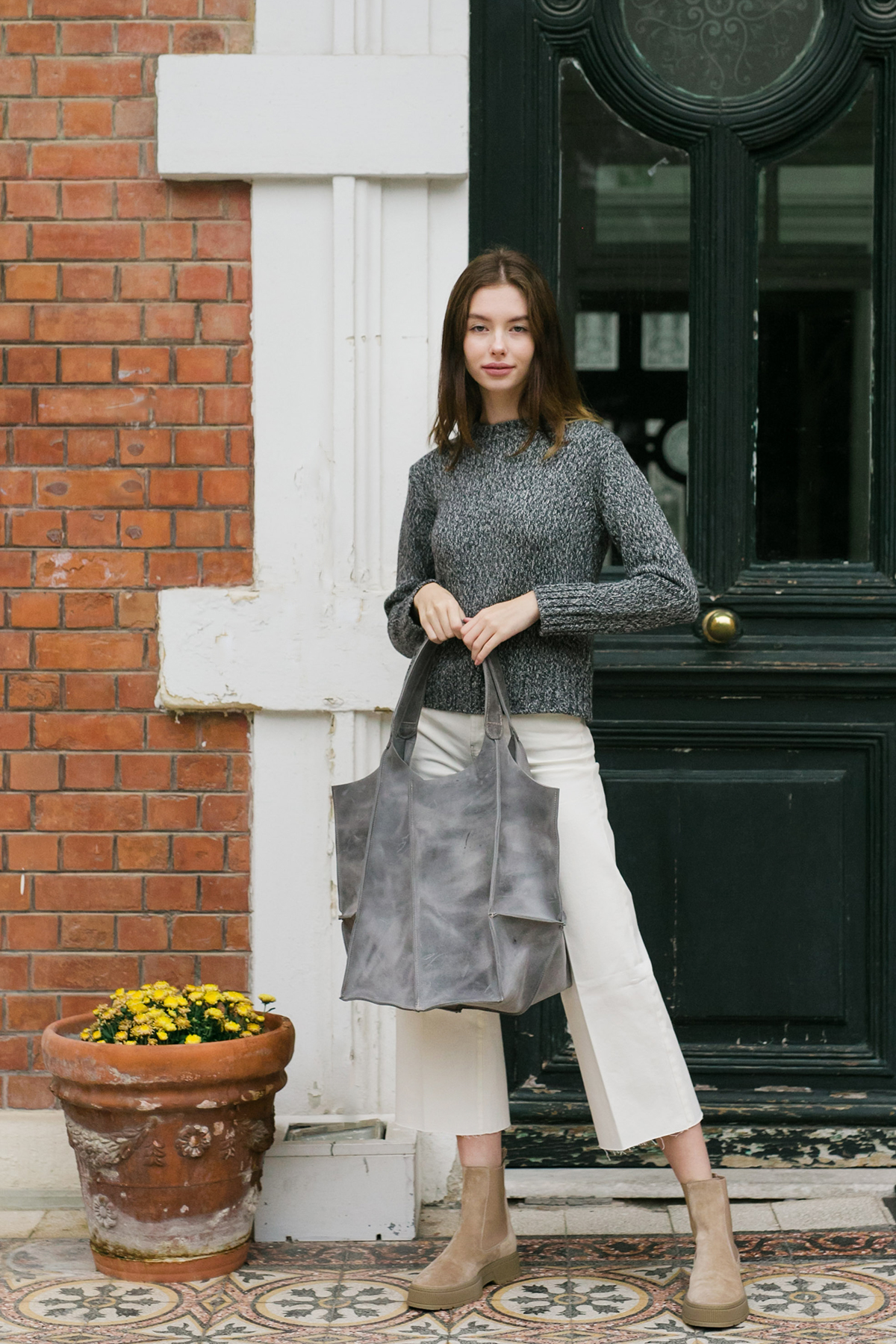 Oversized Tote in Grey  Leather